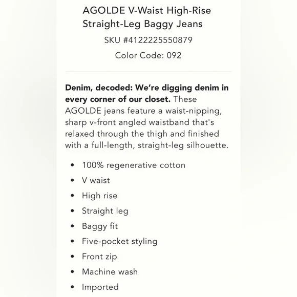 NEW AGOLDE 28 V-Waist High-Rise Straight Baggy Jeans Anthropologie
Faded Denim - Picture 4 of 15